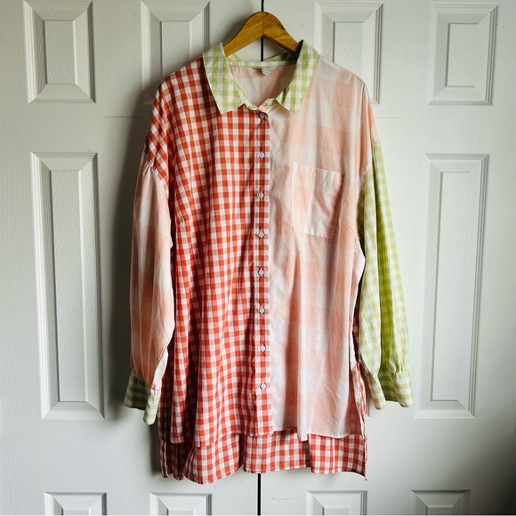 Cato high low gingham patchwork maximalist long sleeve button down shirt - Picture 1 of 8